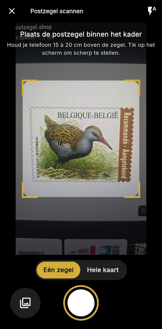 De camera van PhilaScope met een kader rond een Belgische postzegel
