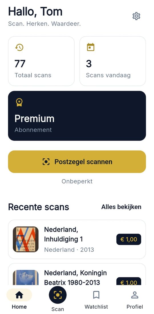 Startscherm van PhilaScope met recente scans en hun waarde
