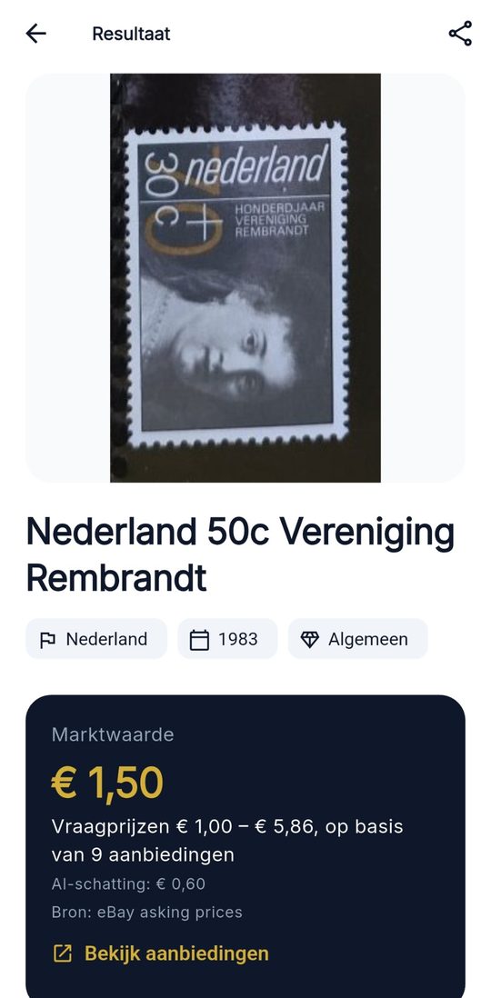 Resultaatscherm van PhilaScope met de marktwaarde van een Nederlandse postzegel uit 1983